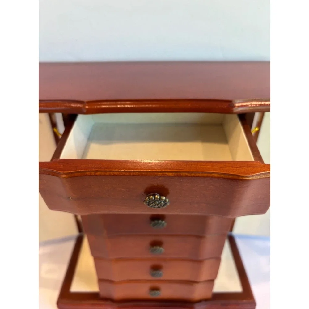 Vintage Wooden Jewelry Box Armoire Storage Chest Organizer Etched Glass Tall